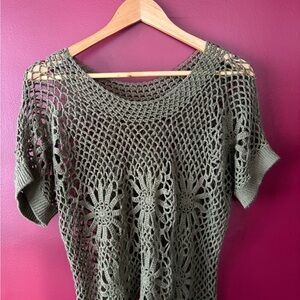 Army Green Floral Crochet Knit Top